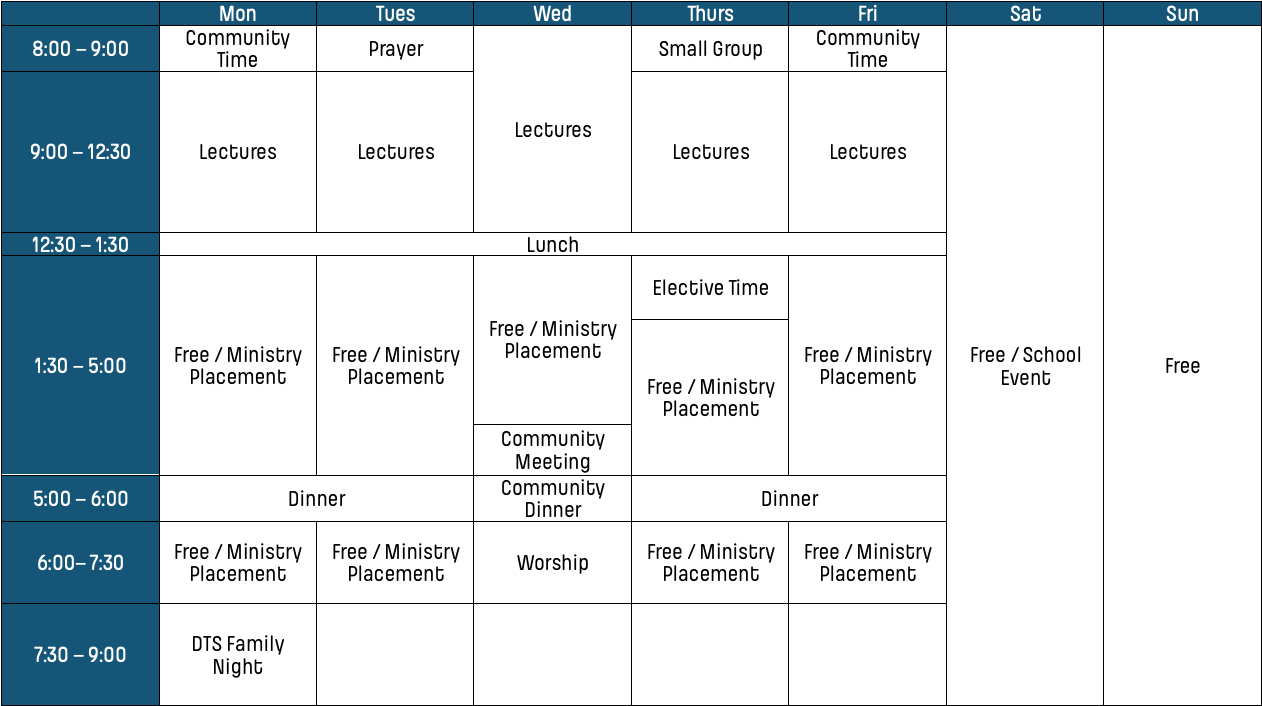 Sample weekly DTS schedule from Monday to Sunday