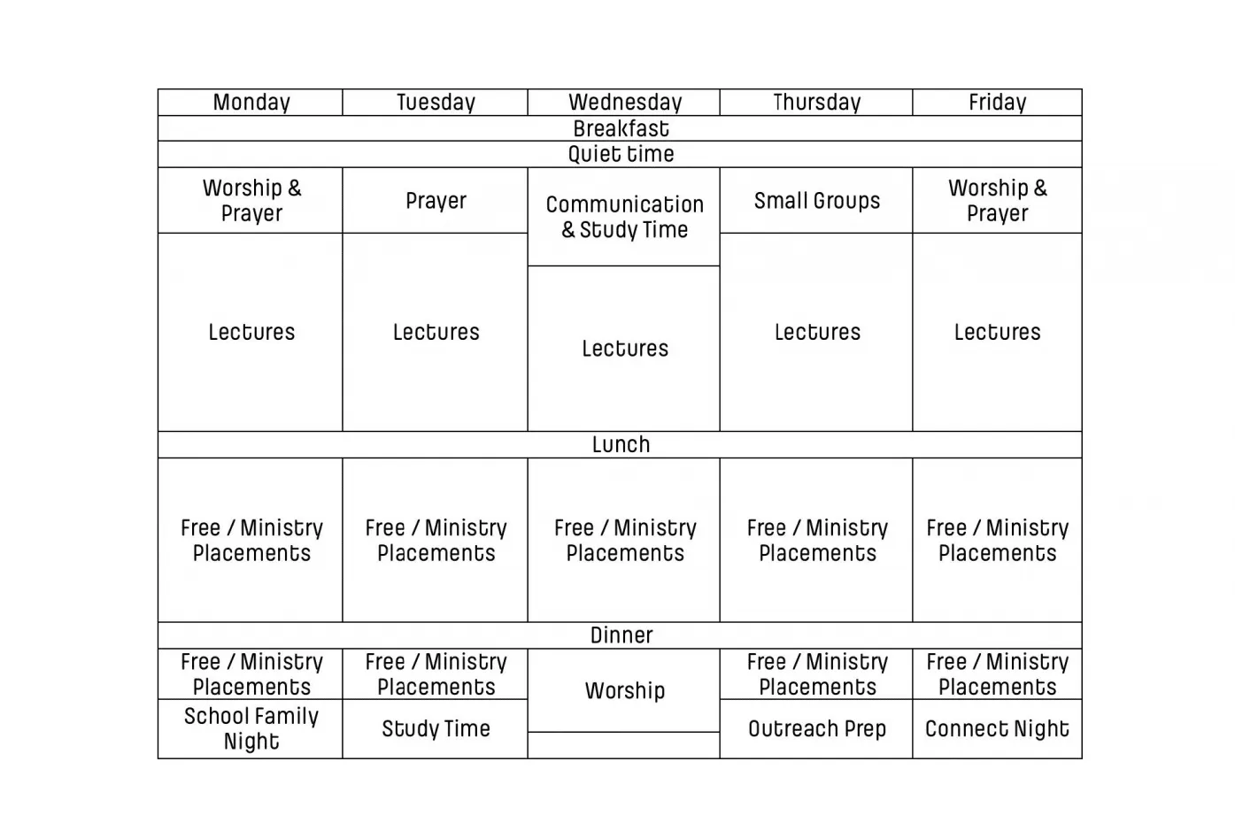 Sample weekly lecture-week schedule
